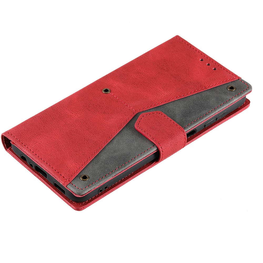For Samsung Galaxy A57 5G Leather Case Splicing Stitching Wallet Phone Cover with Wrist Strap - Red