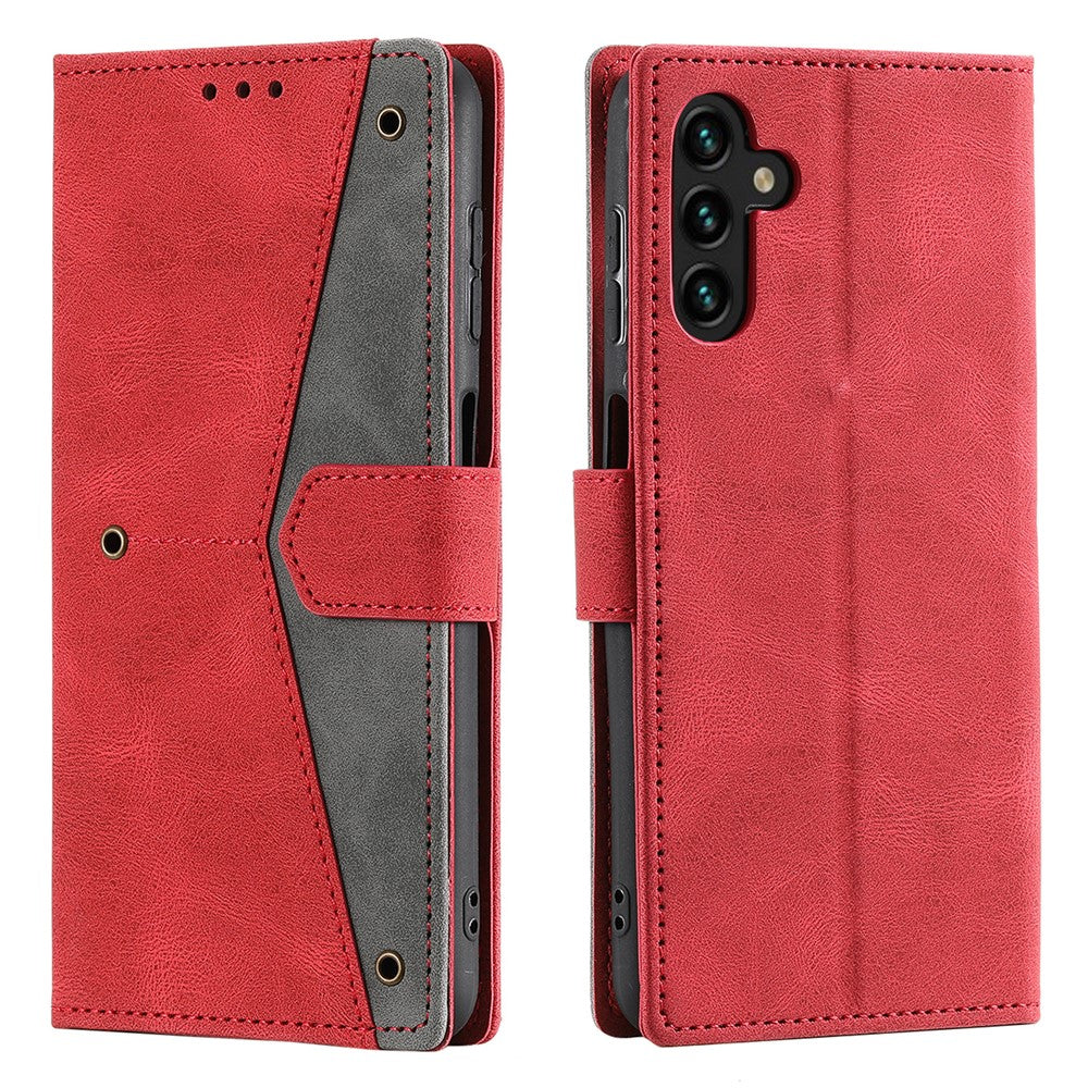 For Samsung Galaxy A57 5G Leather Case Splicing Stitching Wallet Phone Cover with Wrist Strap - Red
