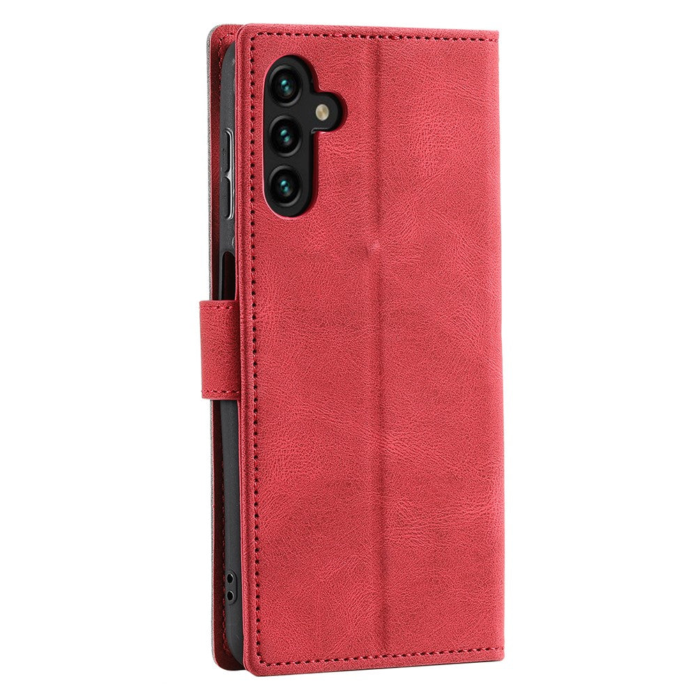 For Samsung Galaxy A57 5G Leather Case Splicing Stitching Wallet Phone Cover with Wrist Strap - Red