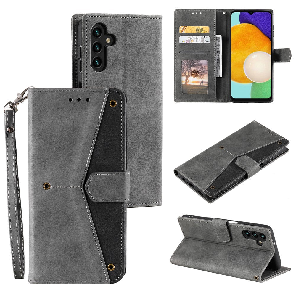 For Samsung Galaxy A57 5G Leather Case Splicing Stitching Wallet Phone Cover with Wrist Strap - Grey