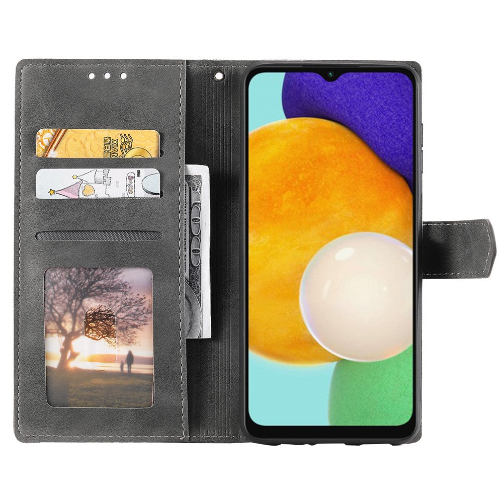 For Samsung Galaxy A57 5G Leather Case Splicing Stitching Wallet Phone Cover with Wrist Strap - Grey