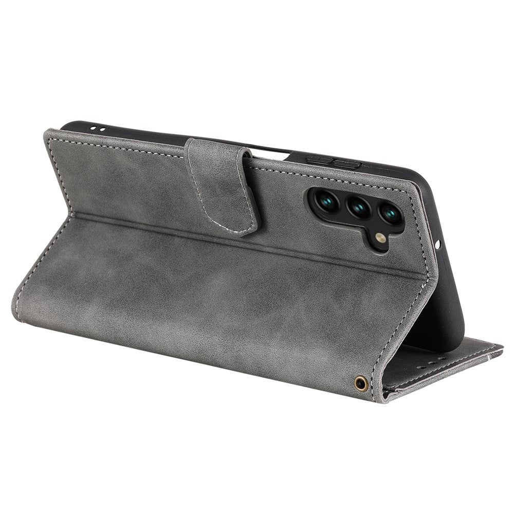 For Samsung Galaxy A57 5G Leather Case Splicing Stitching Wallet Phone Cover with Wrist Strap - Grey