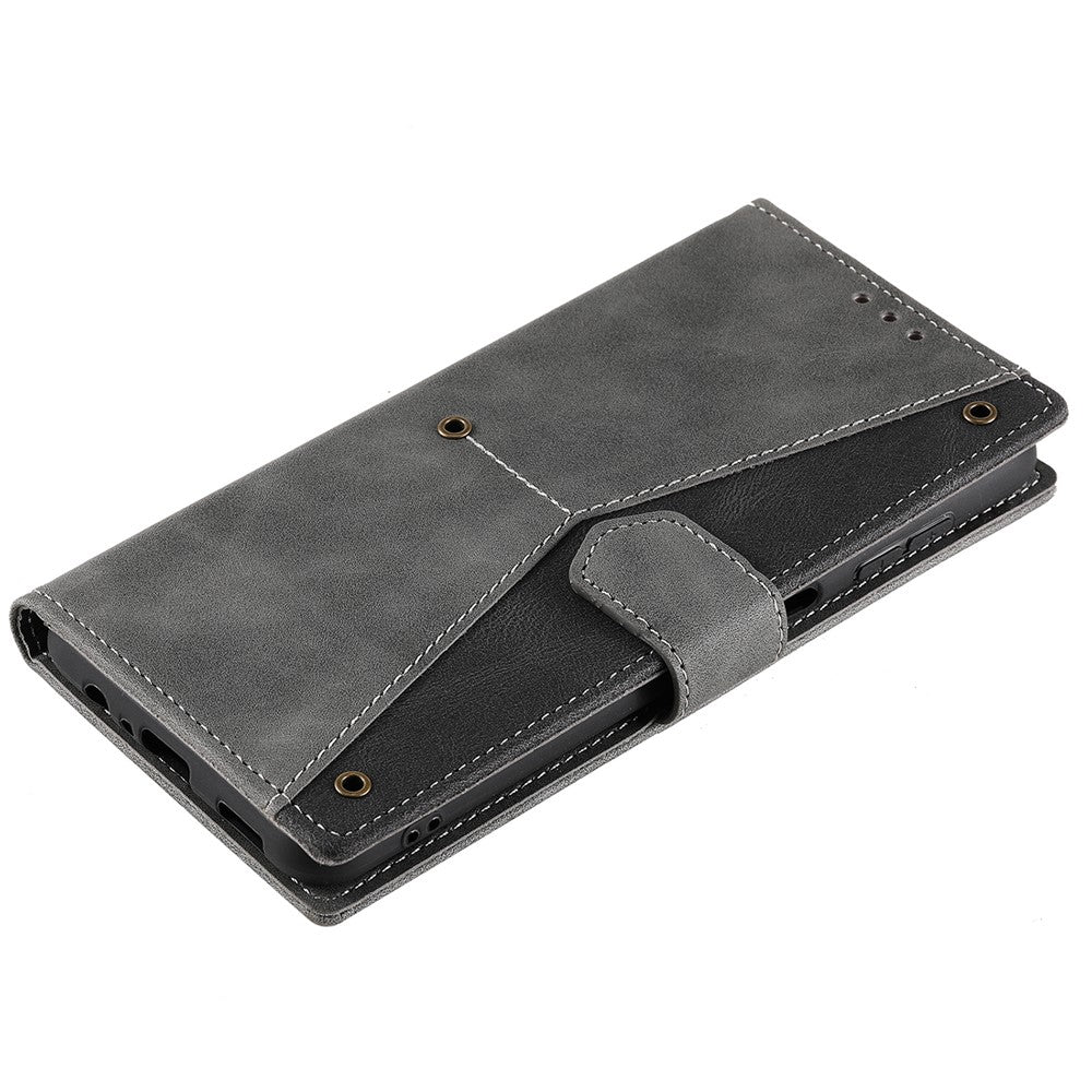For Samsung Galaxy A57 5G Leather Case Splicing Stitching Wallet Phone Cover with Wrist Strap - Grey