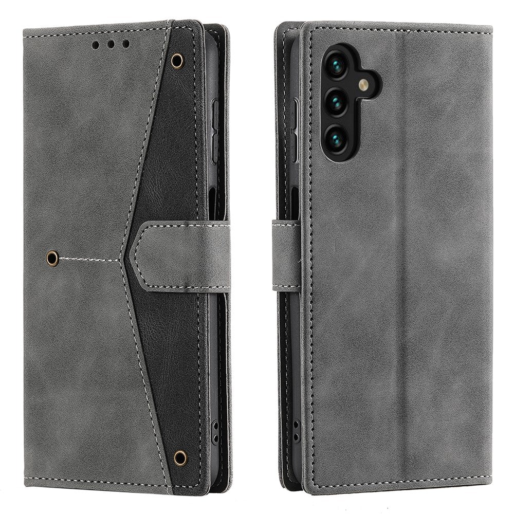 For Samsung Galaxy A57 5G Leather Case Splicing Stitching Wallet Phone Cover with Wrist Strap - Grey