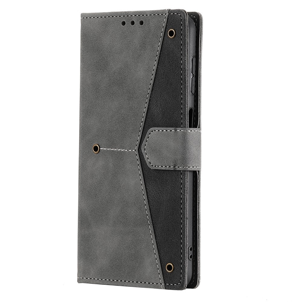 For Samsung Galaxy A57 5G Leather Case Splicing Stitching Wallet Phone Cover with Wrist Strap - Grey