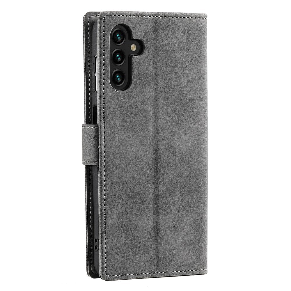 For Samsung Galaxy A57 5G Leather Case Splicing Stitching Wallet Phone Cover with Wrist Strap - Grey
