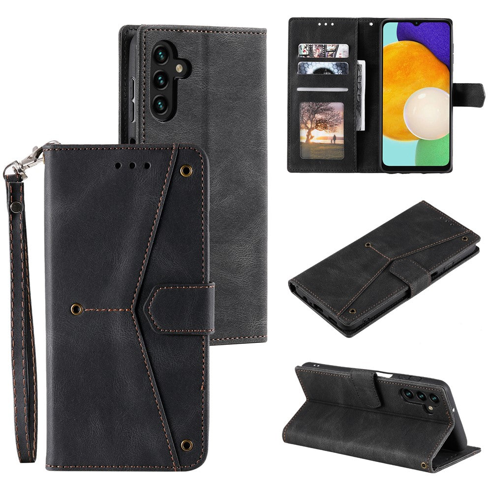 For Samsung Galaxy A57 5G Leather Case Splicing Stitching Wallet Phone Cover with Wrist Strap - Black