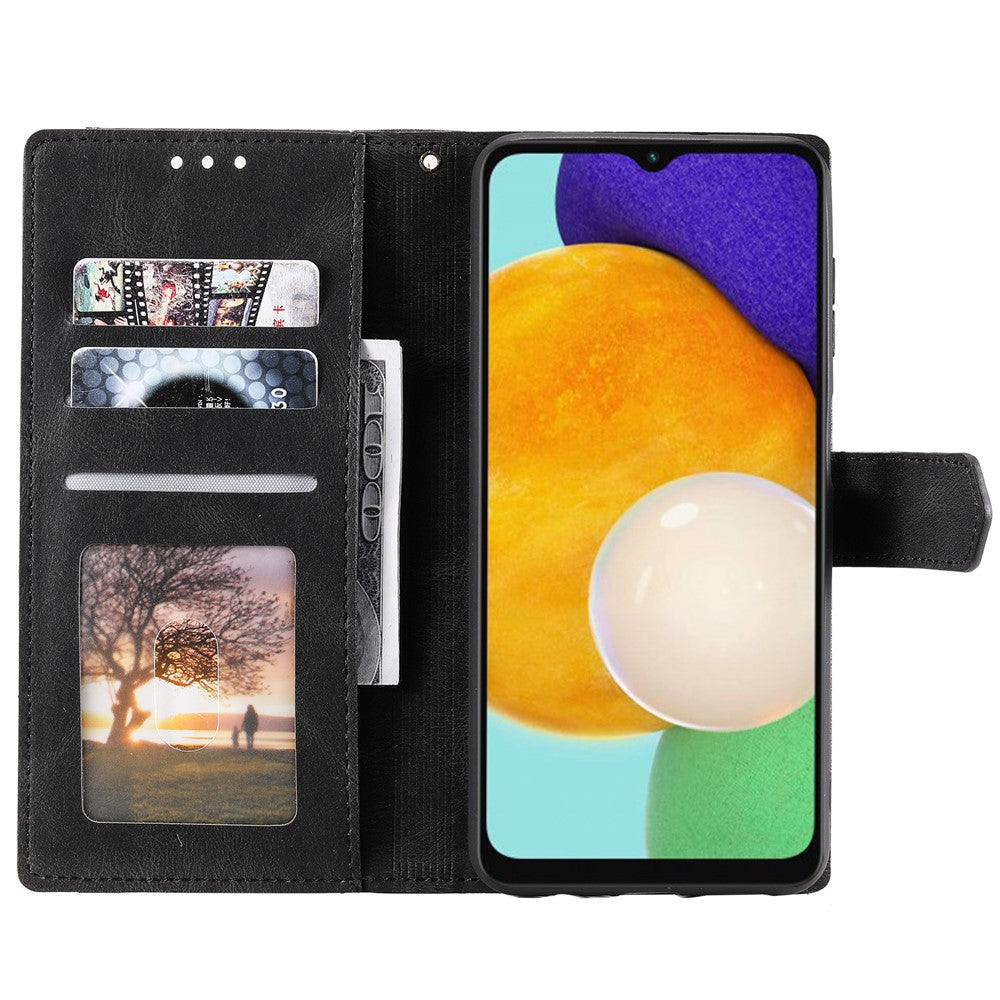 For Samsung Galaxy A57 5G Leather Case Splicing Stitching Wallet Phone Cover with Wrist Strap - Black