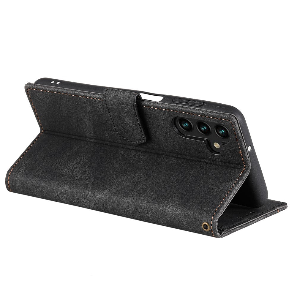 For Samsung Galaxy A57 5G Leather Case Splicing Stitching Wallet Phone Cover with Wrist Strap - Black