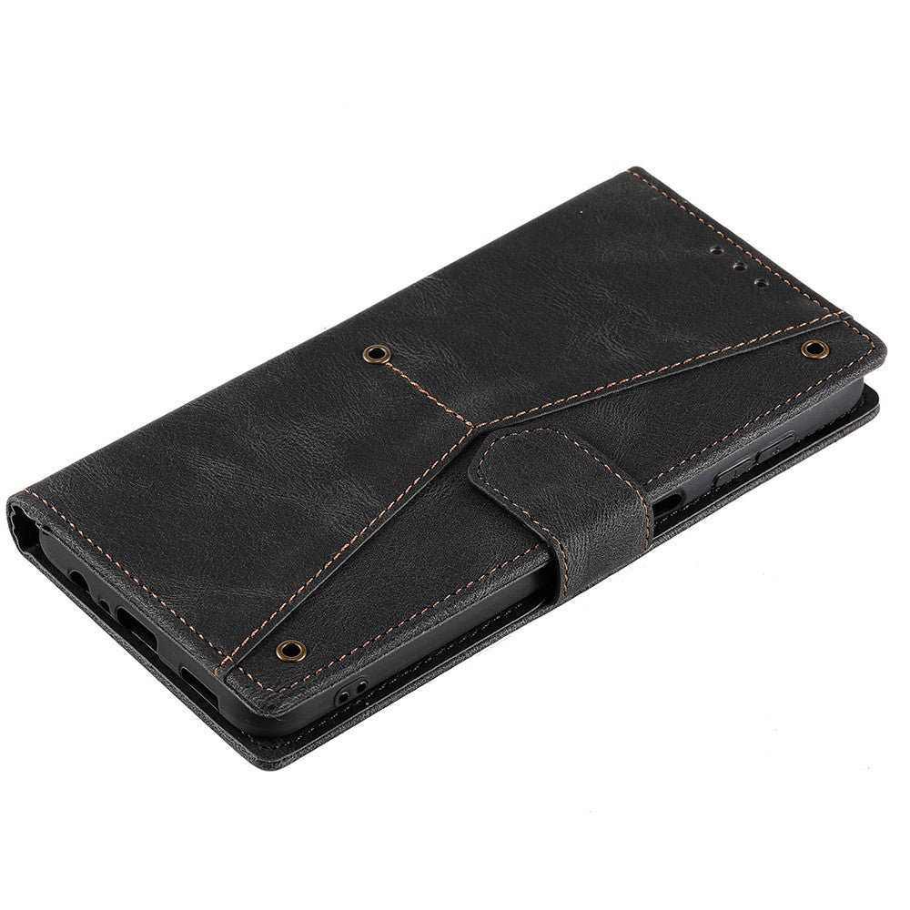 For Samsung Galaxy A57 5G Leather Case Splicing Stitching Wallet Phone Cover with Wrist Strap - Black
