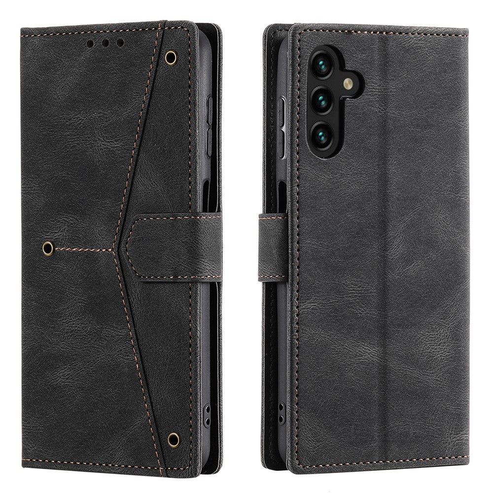 For Samsung Galaxy A57 5G Leather Case Splicing Stitching Wallet Phone Cover with Wrist Strap - Black