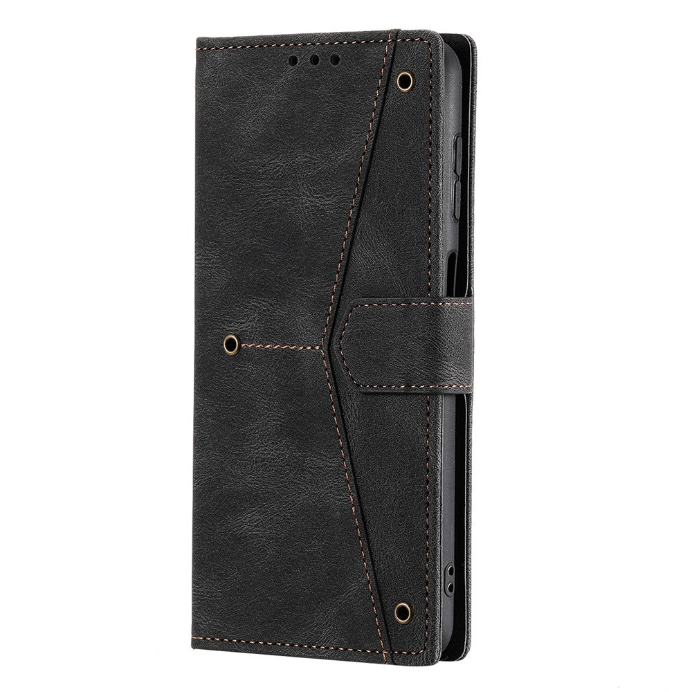 For Samsung Galaxy A57 5G Leather Case Splicing Stitching Wallet Phone Cover with Wrist Strap - Black