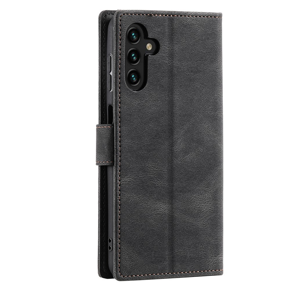 For Samsung Galaxy A57 5G Leather Case Splicing Stitching Wallet Phone Cover with Wrist Strap - Black