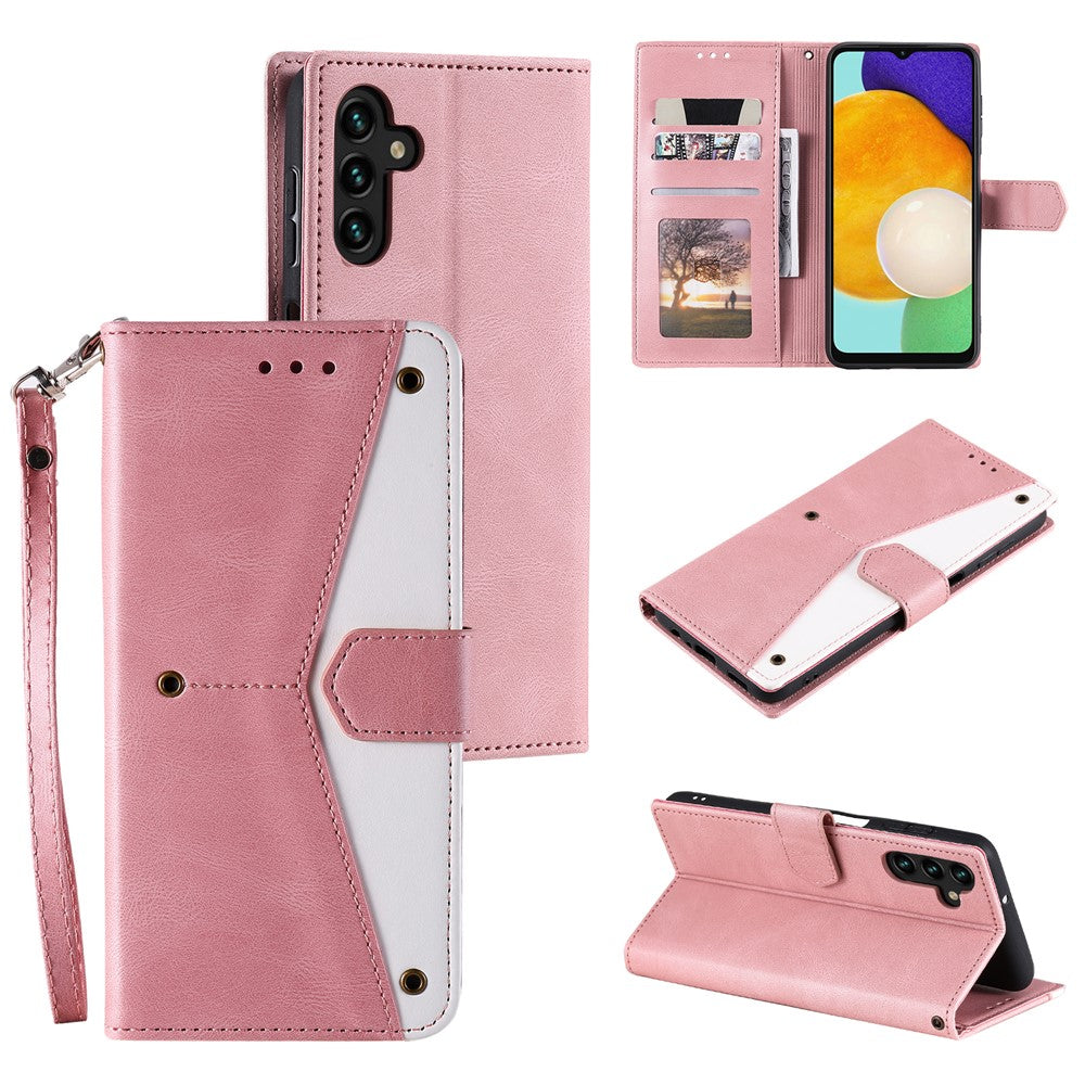 For Samsung Galaxy A57 5G Leather Case Splicing Stitching Wallet Phone Cover with Wrist Strap - Rose Gold