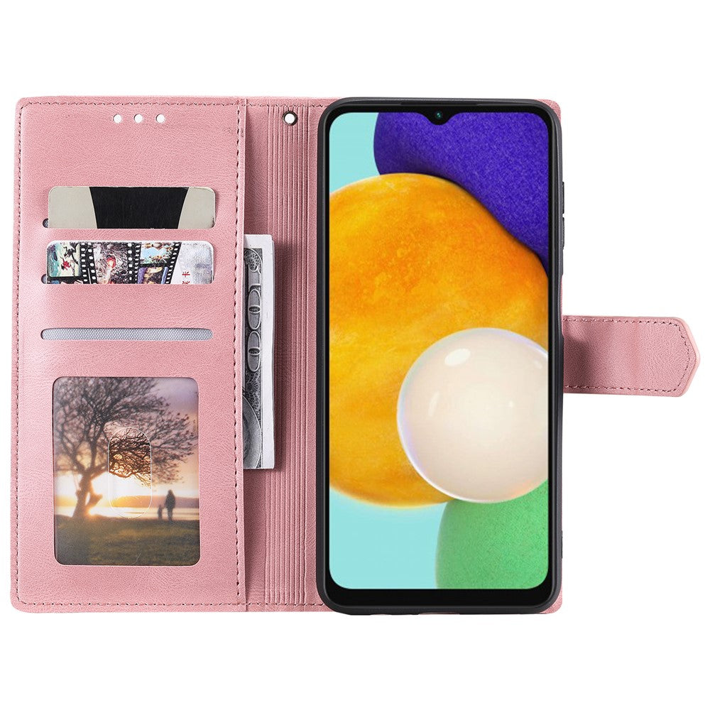 For Samsung Galaxy A57 5G Leather Case Splicing Stitching Wallet Phone Cover with Wrist Strap - Rose Gold