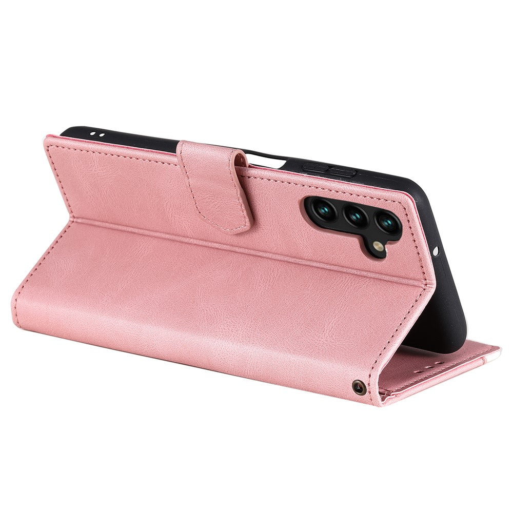 For Samsung Galaxy A57 5G Leather Case Splicing Stitching Wallet Phone Cover with Wrist Strap - Rose Gold