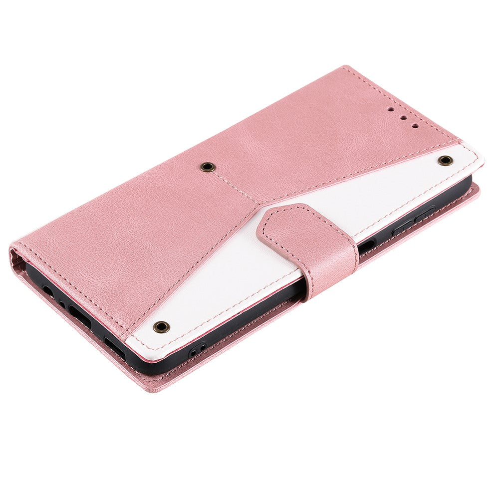 For Samsung Galaxy A57 5G Leather Case Splicing Stitching Wallet Phone Cover with Wrist Strap - Rose Gold