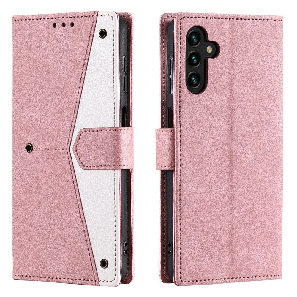 For Samsung Galaxy A57 5G Leather Case Splicing Stitching Wallet Phone Cover with Wrist Strap - Rose Gold