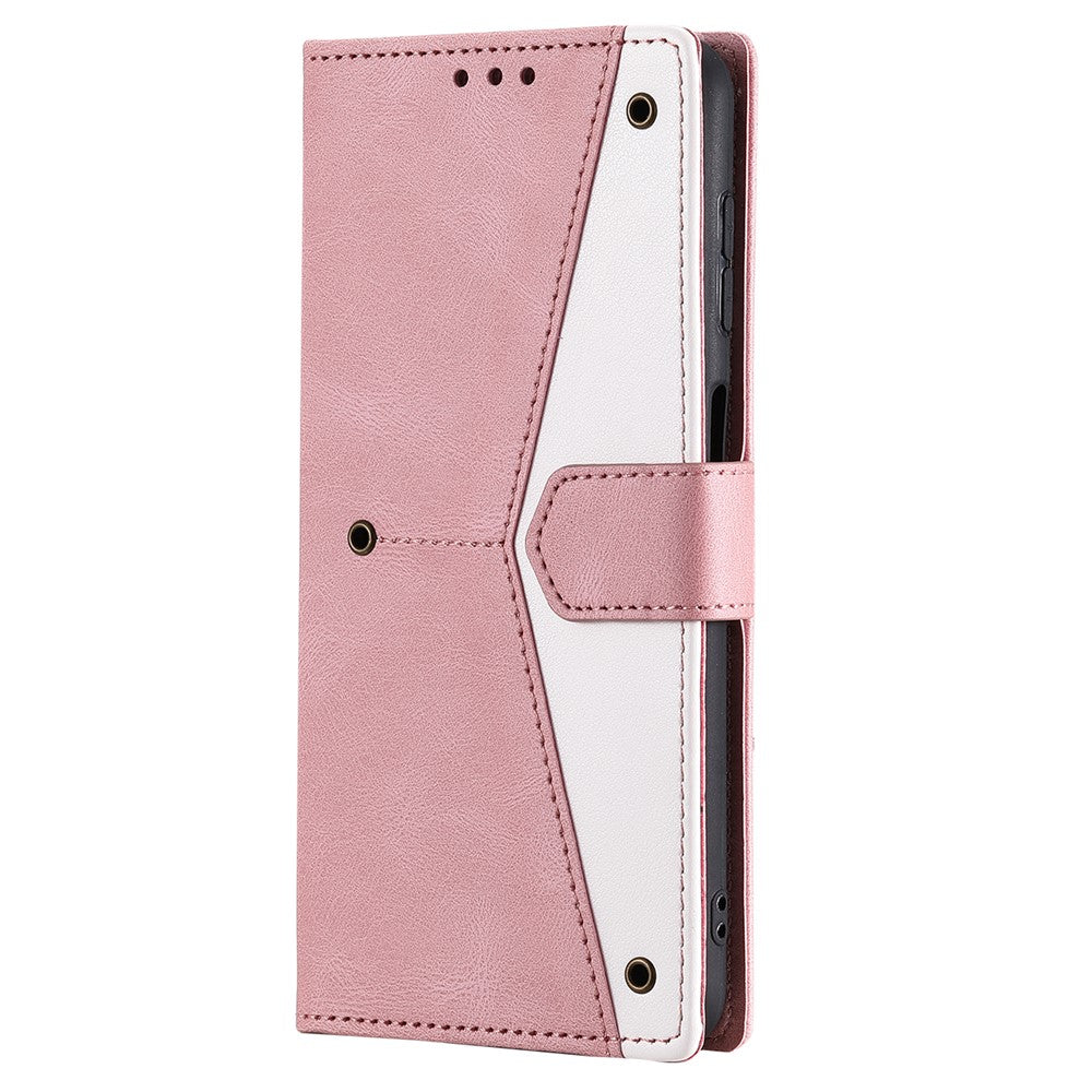 For Samsung Galaxy A57 5G Leather Case Splicing Stitching Wallet Phone Cover with Wrist Strap - Rose Gold