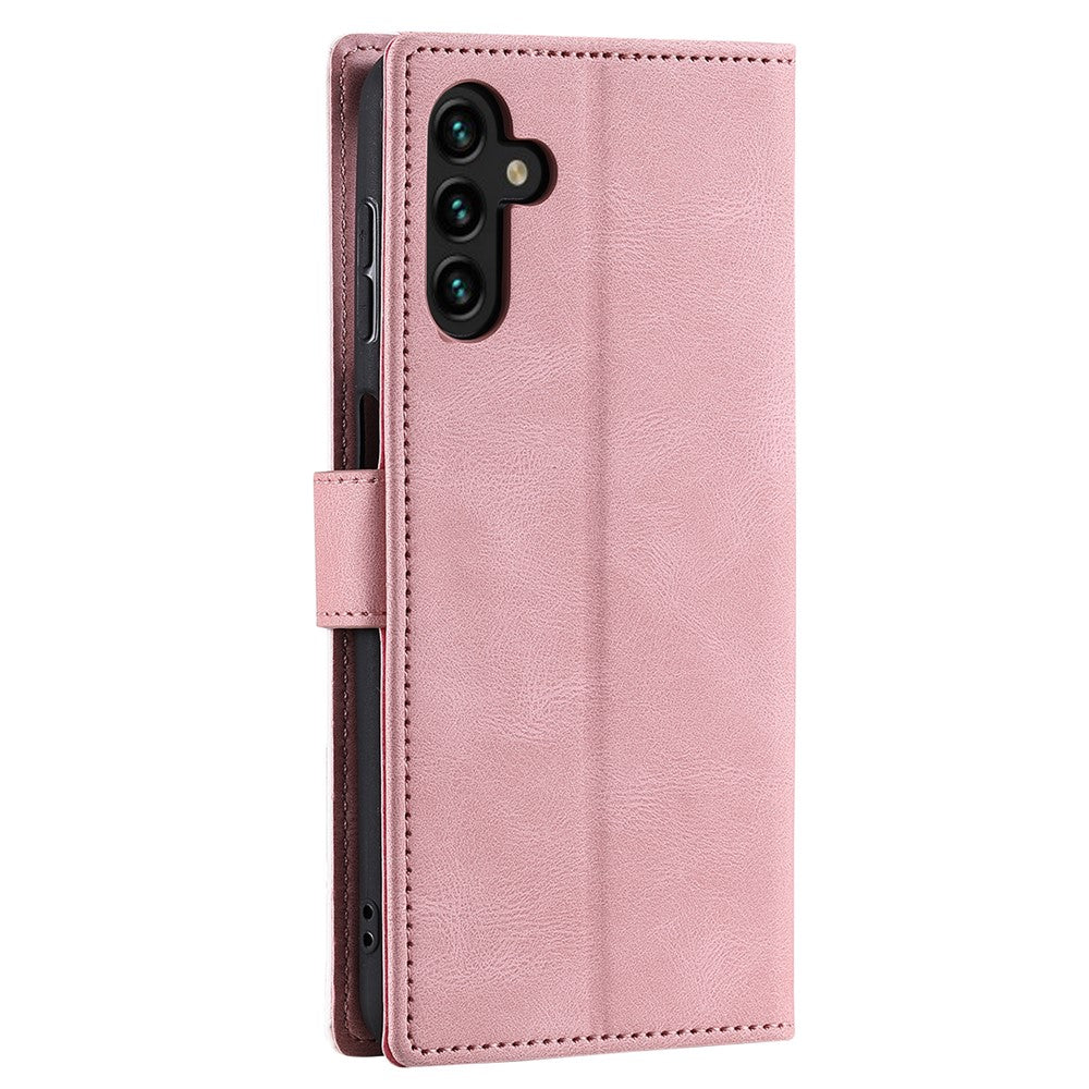 For Samsung Galaxy A57 5G Leather Case Splicing Stitching Wallet Phone Cover with Wrist Strap - Rose Gold