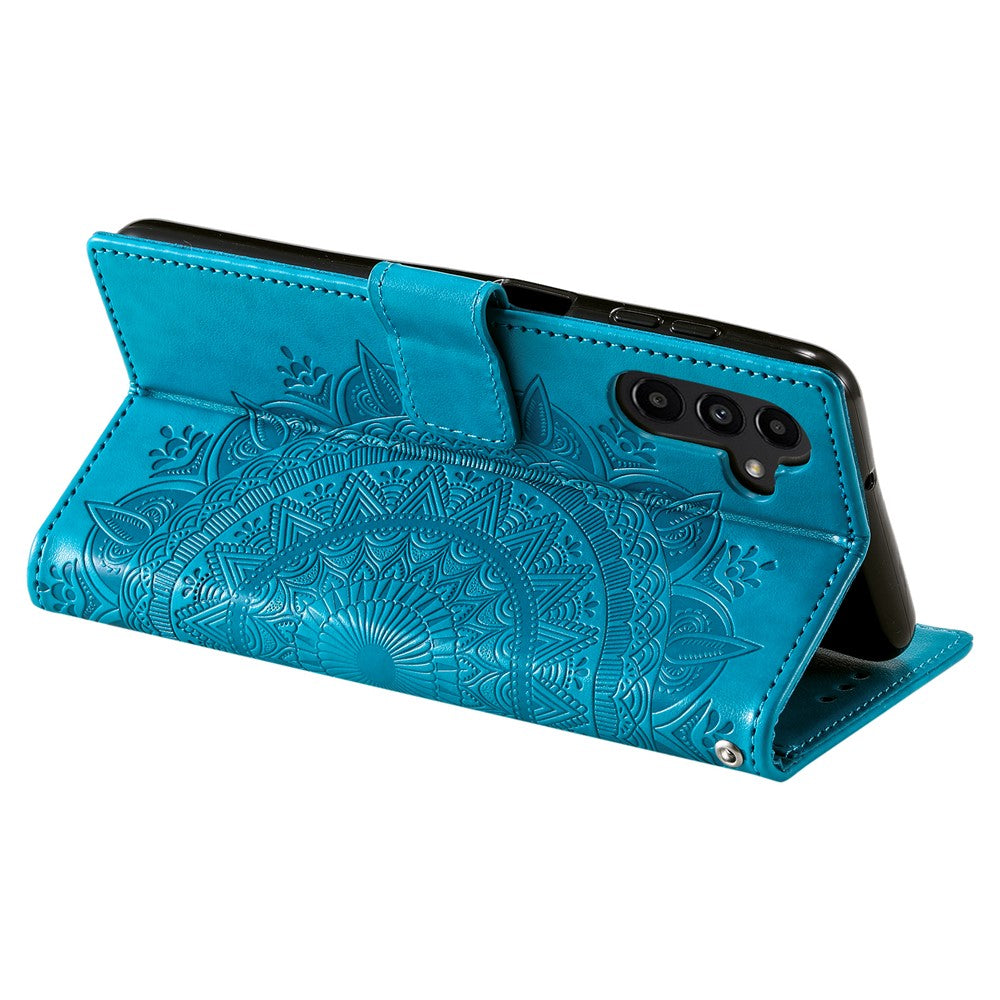 For Samsung Galaxy A57 5G Stand Case Imprinted Totem PU Leather Wallet Phone Cover with Wrist Strap - Blue