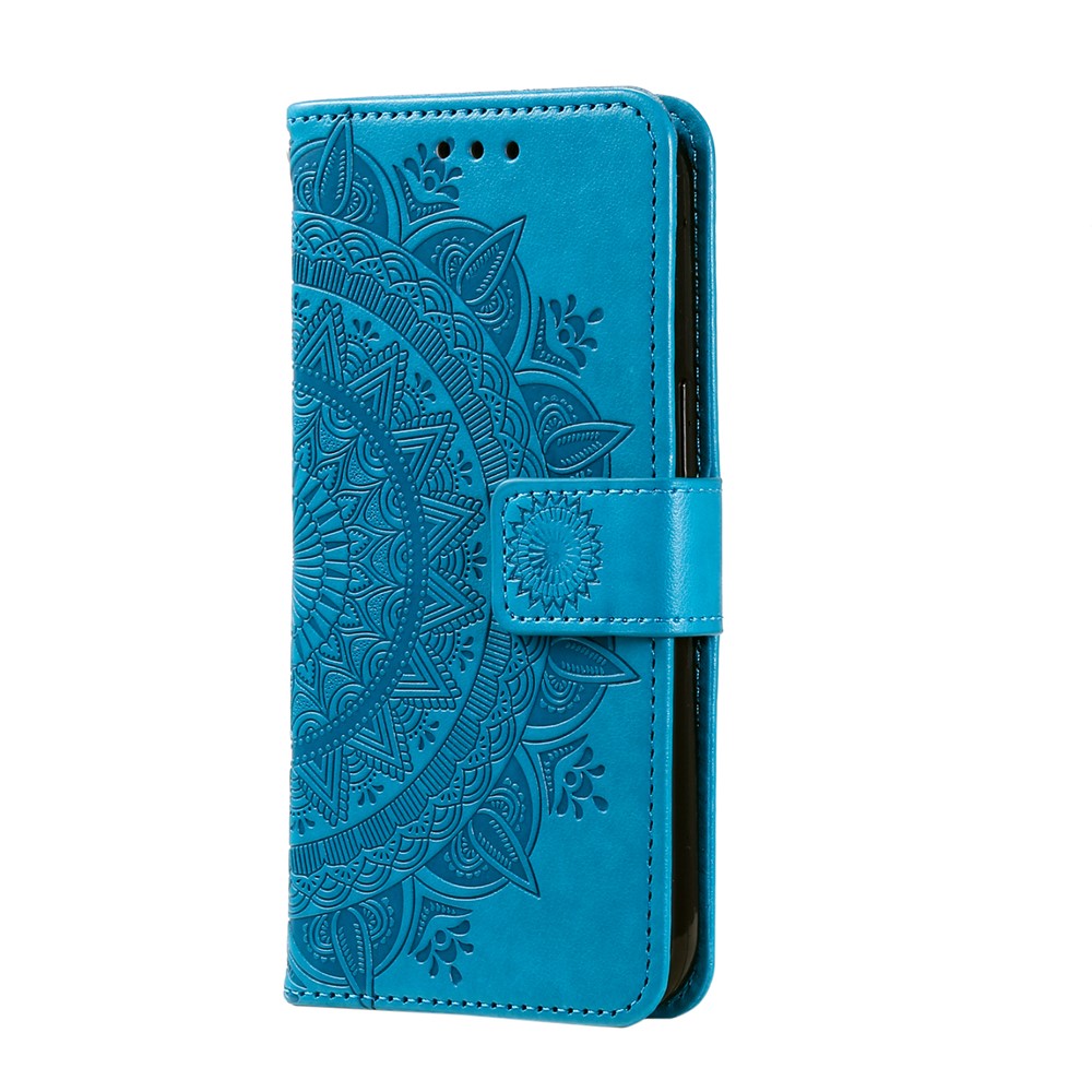 For Samsung Galaxy A57 5G Stand Case Imprinted Totem PU Leather Wallet Phone Cover with Wrist Strap - Blue