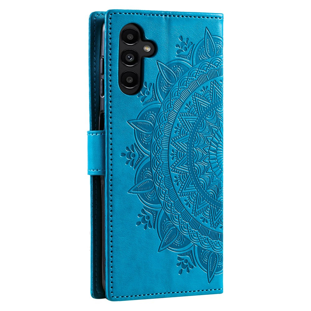 For Samsung Galaxy A57 5G Stand Case Imprinted Totem PU Leather Wallet Phone Cover with Wrist Strap - Blue