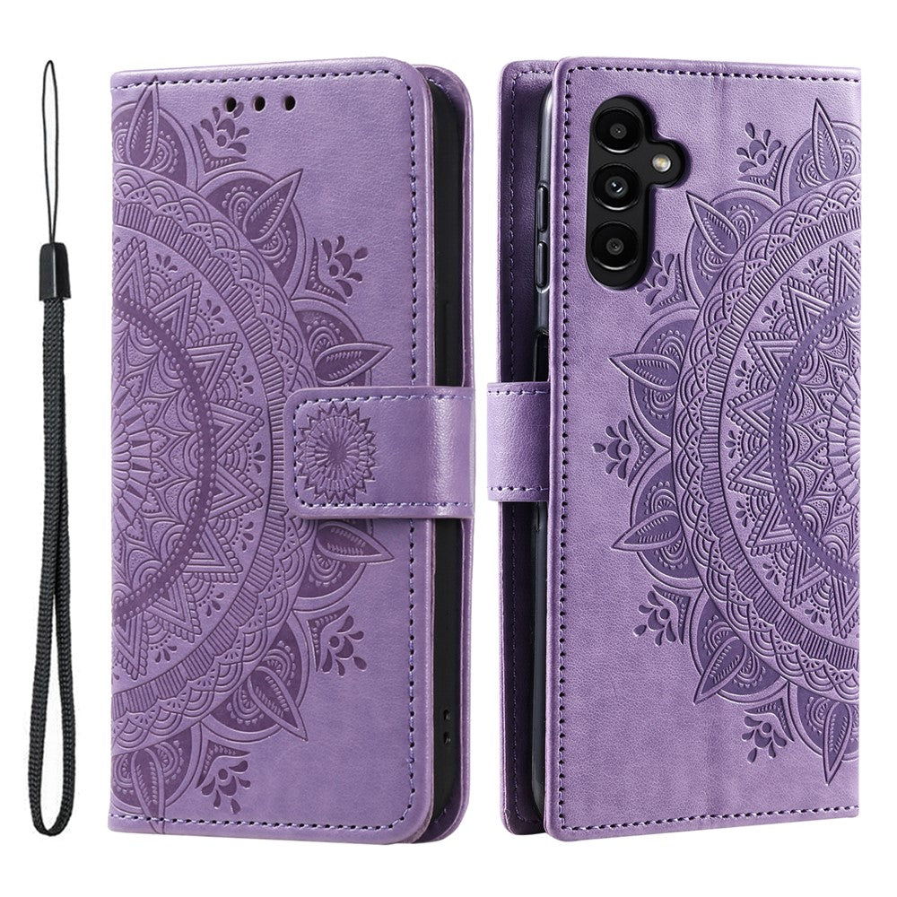 For Samsung Galaxy A57 5G Stand Case Imprinted Totem PU Leather Wallet Phone Cover with Wrist Strap - Purple