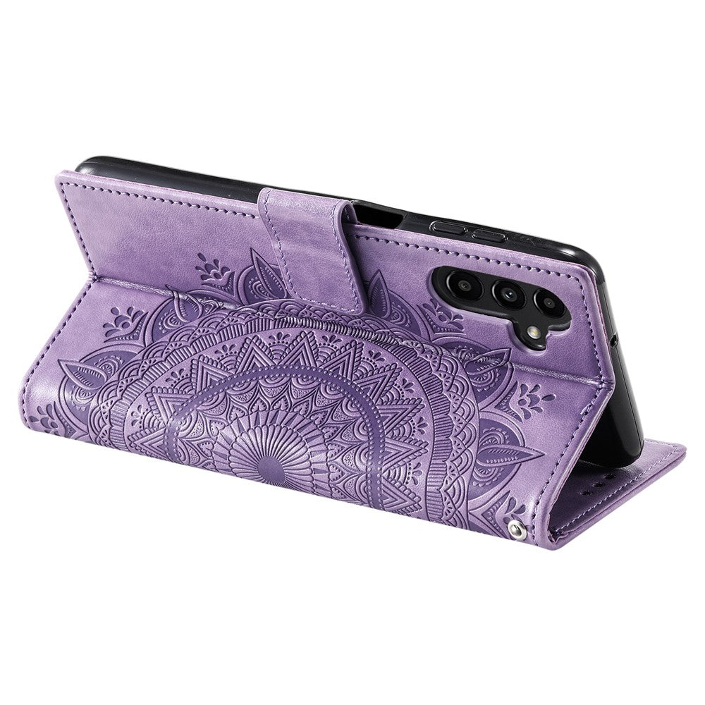 For Samsung Galaxy A57 5G Stand Case Imprinted Totem PU Leather Wallet Phone Cover with Wrist Strap - Purple