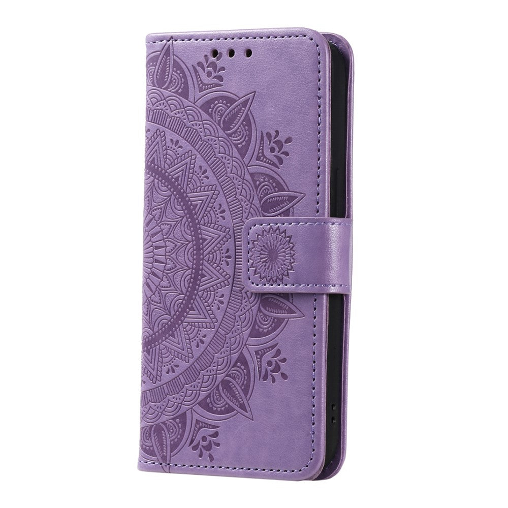 For Samsung Galaxy A57 5G Stand Case Imprinted Totem PU Leather Wallet Phone Cover with Wrist Strap - Purple