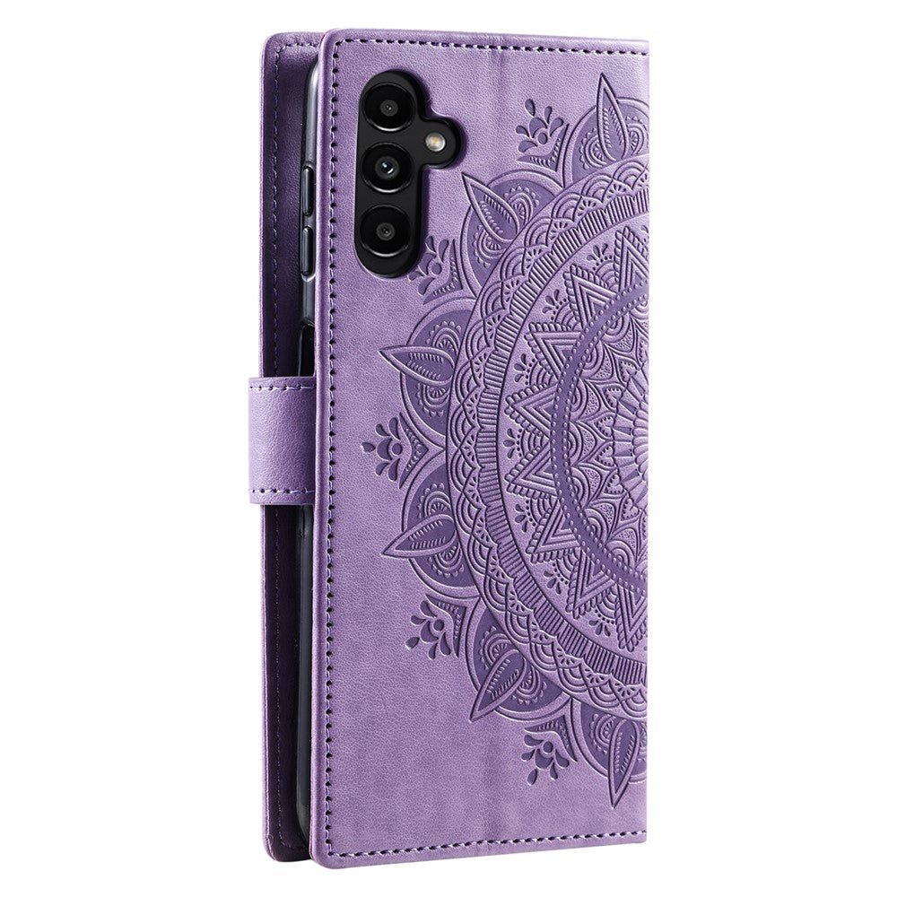 For Samsung Galaxy A57 5G Stand Case Imprinted Totem PU Leather Wallet Phone Cover with Wrist Strap - Purple