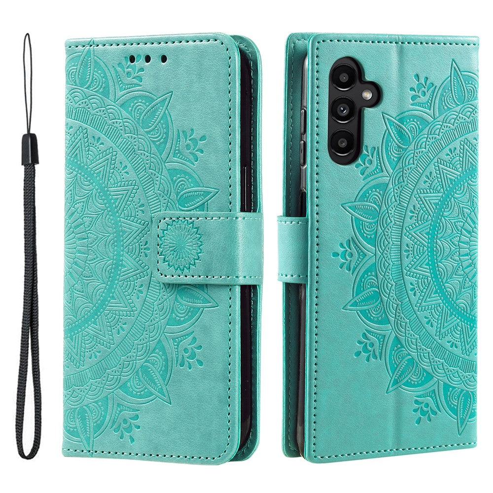 For Samsung Galaxy A57 5G Stand Case Imprinted Totem PU Leather Wallet Phone Cover with Wrist Strap - Mint Green
