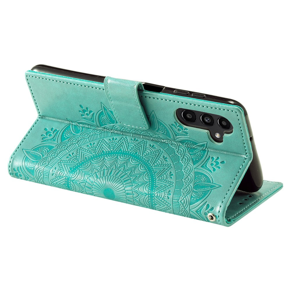 For Samsung Galaxy A57 5G Stand Case Imprinted Totem PU Leather Wallet Phone Cover with Wrist Strap - Mint Green