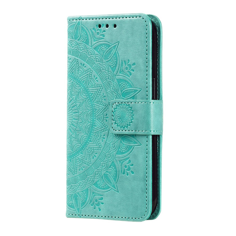 For Samsung Galaxy A57 5G Stand Case Imprinted Totem PU Leather Wallet Phone Cover with Wrist Strap - Mint Green