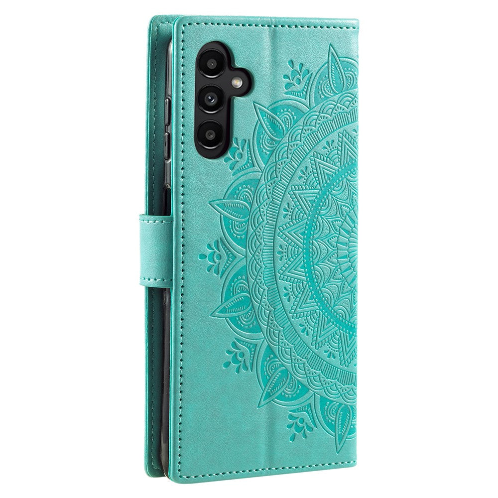 For Samsung Galaxy A57 5G Stand Case Imprinted Totem PU Leather Wallet Phone Cover with Wrist Strap - Mint Green