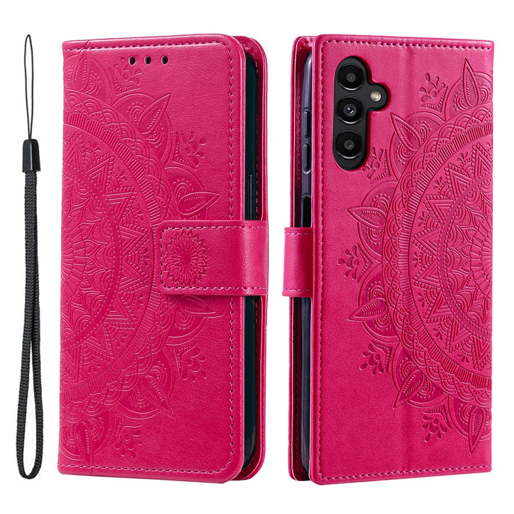 For Samsung Galaxy A57 5G Stand Case Imprinted Totem PU Leather Wallet Phone Cover with Wrist Strap - Rose