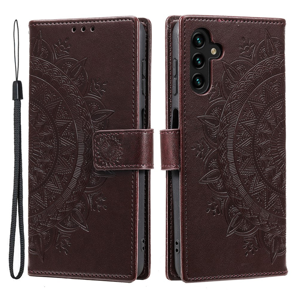 For Samsung Galaxy A57 5G Stand Case Imprinted Totem PU Leather Wallet Phone Cover with Wrist Strap - Brown