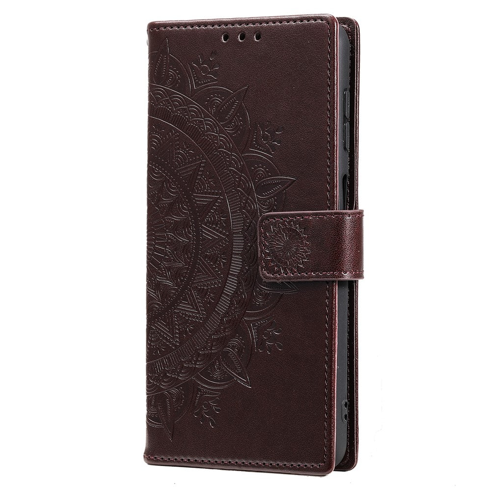 For Samsung Galaxy A57 5G Stand Case Imprinted Totem PU Leather Wallet Phone Cover with Wrist Strap - Brown