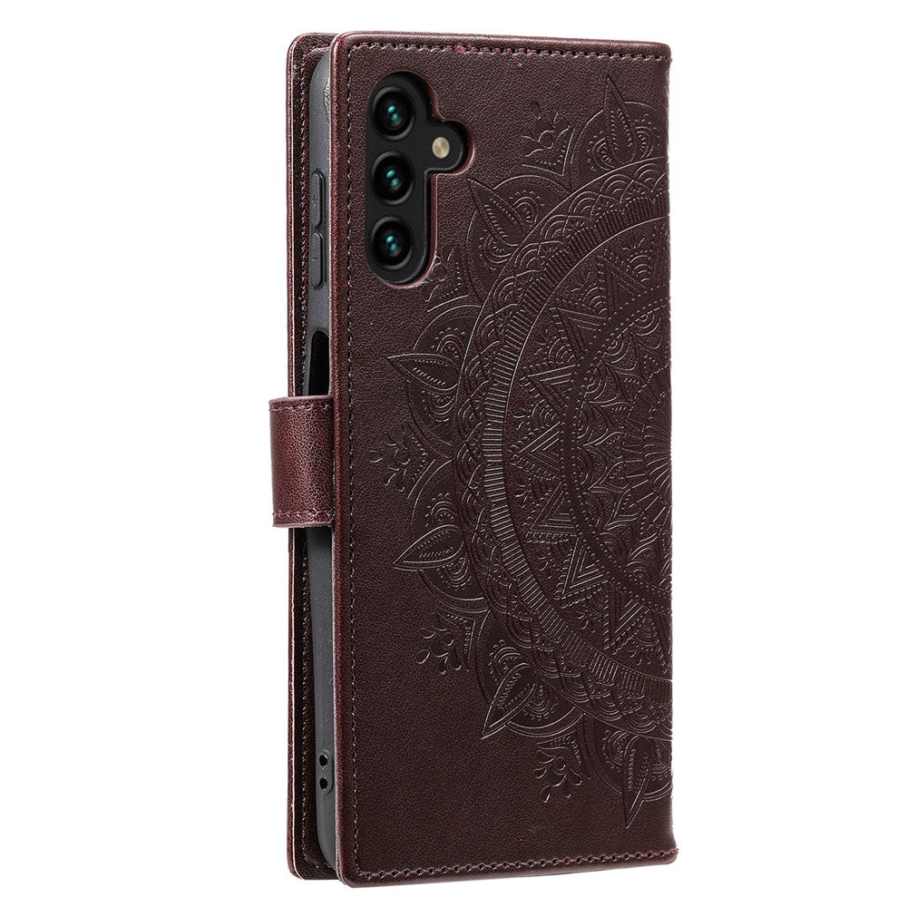For Samsung Galaxy A57 5G Stand Case Imprinted Totem PU Leather Wallet Phone Cover with Wrist Strap - Brown