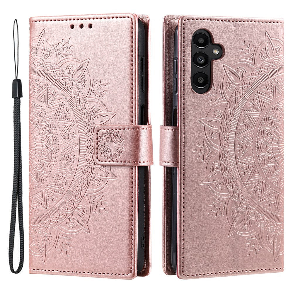 For Samsung Galaxy A57 5G Stand Case Imprinted Totem PU Leather Wallet Phone Cover with Wrist Strap - Rose Gold