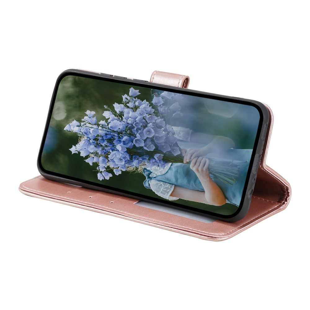 For Samsung Galaxy A57 5G Stand Case Imprinted Totem PU Leather Wallet Phone Cover with Wrist Strap - Rose Gold