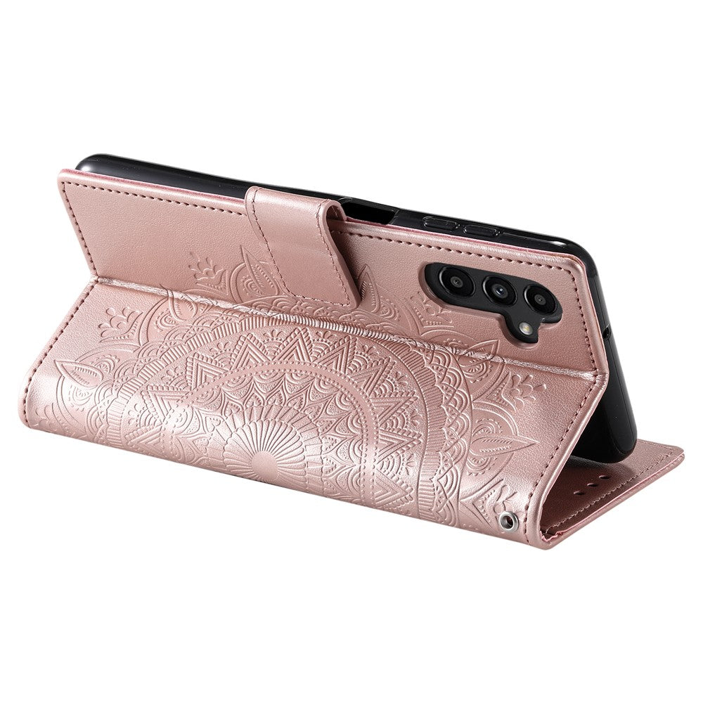 For Samsung Galaxy A57 5G Stand Case Imprinted Totem PU Leather Wallet Phone Cover with Wrist Strap - Rose Gold