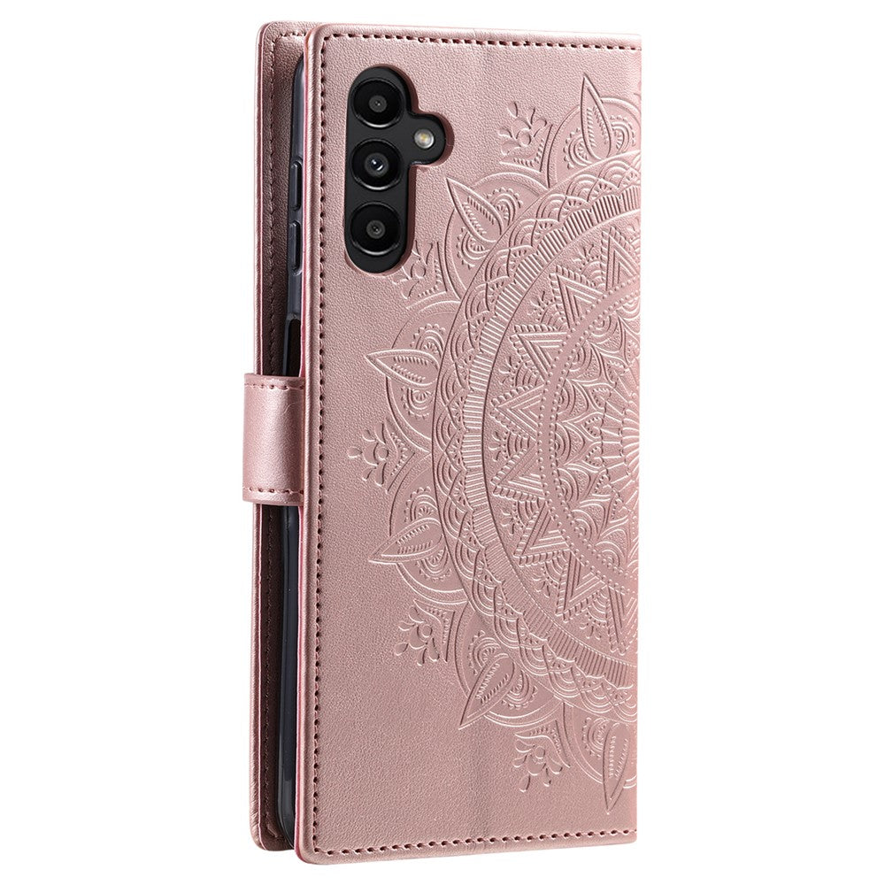 For Samsung Galaxy A57 5G Stand Case Imprinted Totem PU Leather Wallet Phone Cover with Wrist Strap - Rose Gold