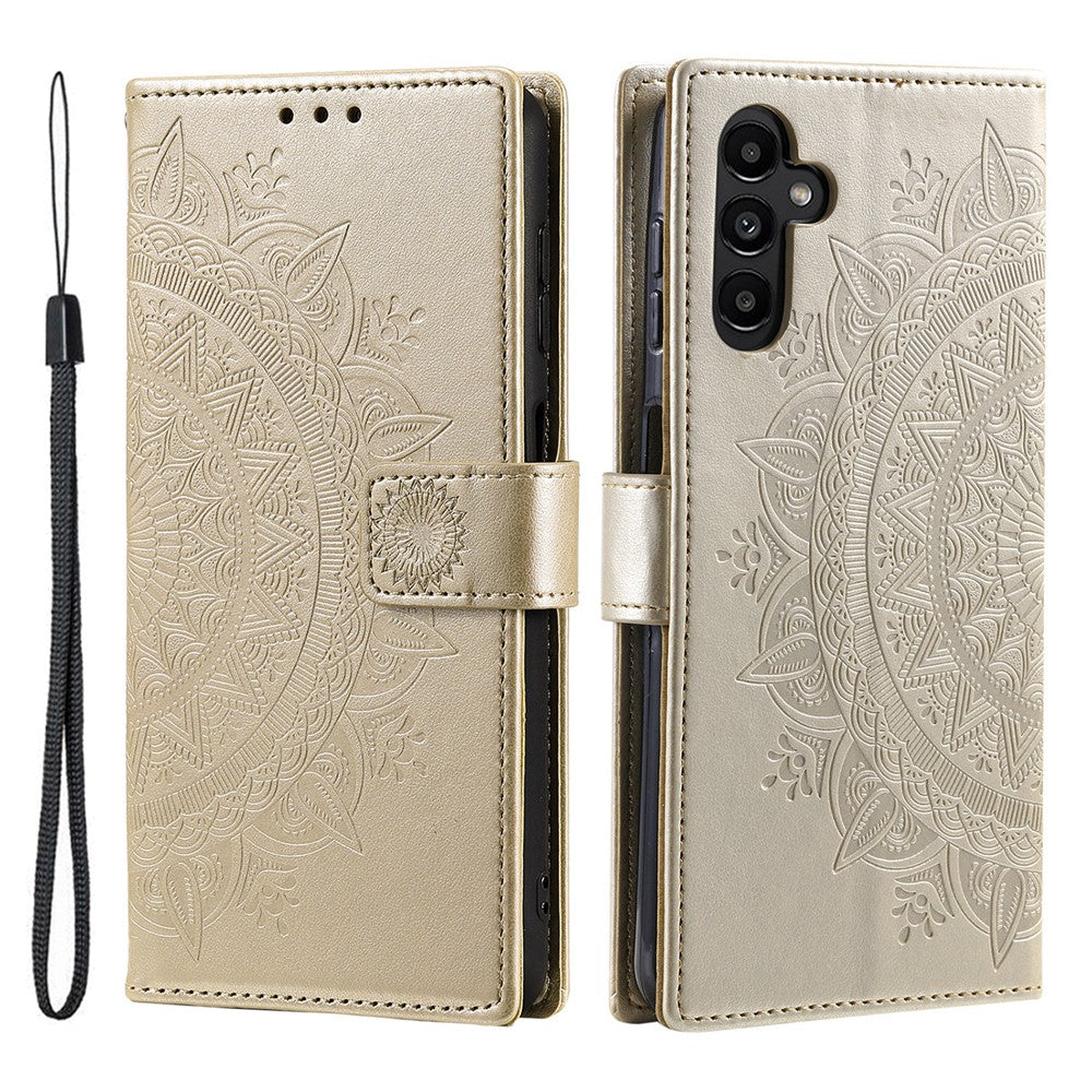 For Samsung Galaxy A57 5G Stand Case Imprinted Totem PU Leather Wallet Phone Cover with Wrist Strap - Gold