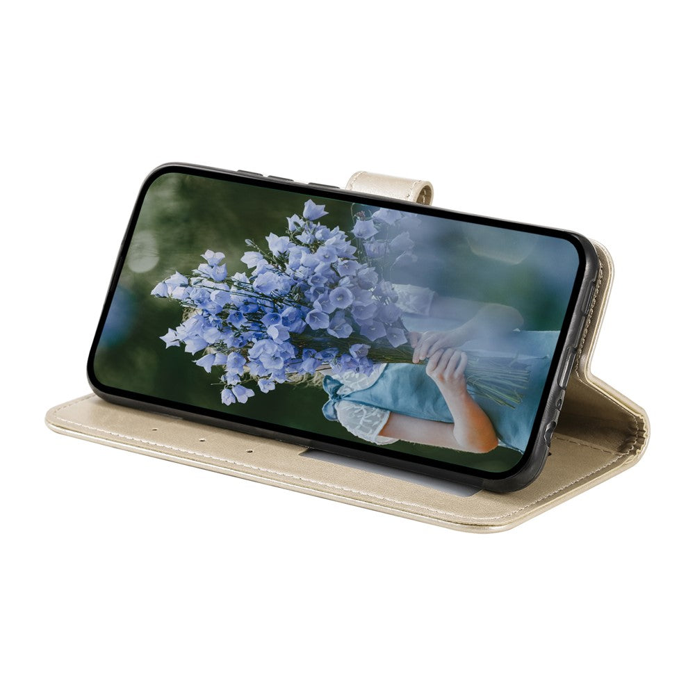 For Samsung Galaxy A57 5G Stand Case Imprinted Totem PU Leather Wallet Phone Cover with Wrist Strap - Gold