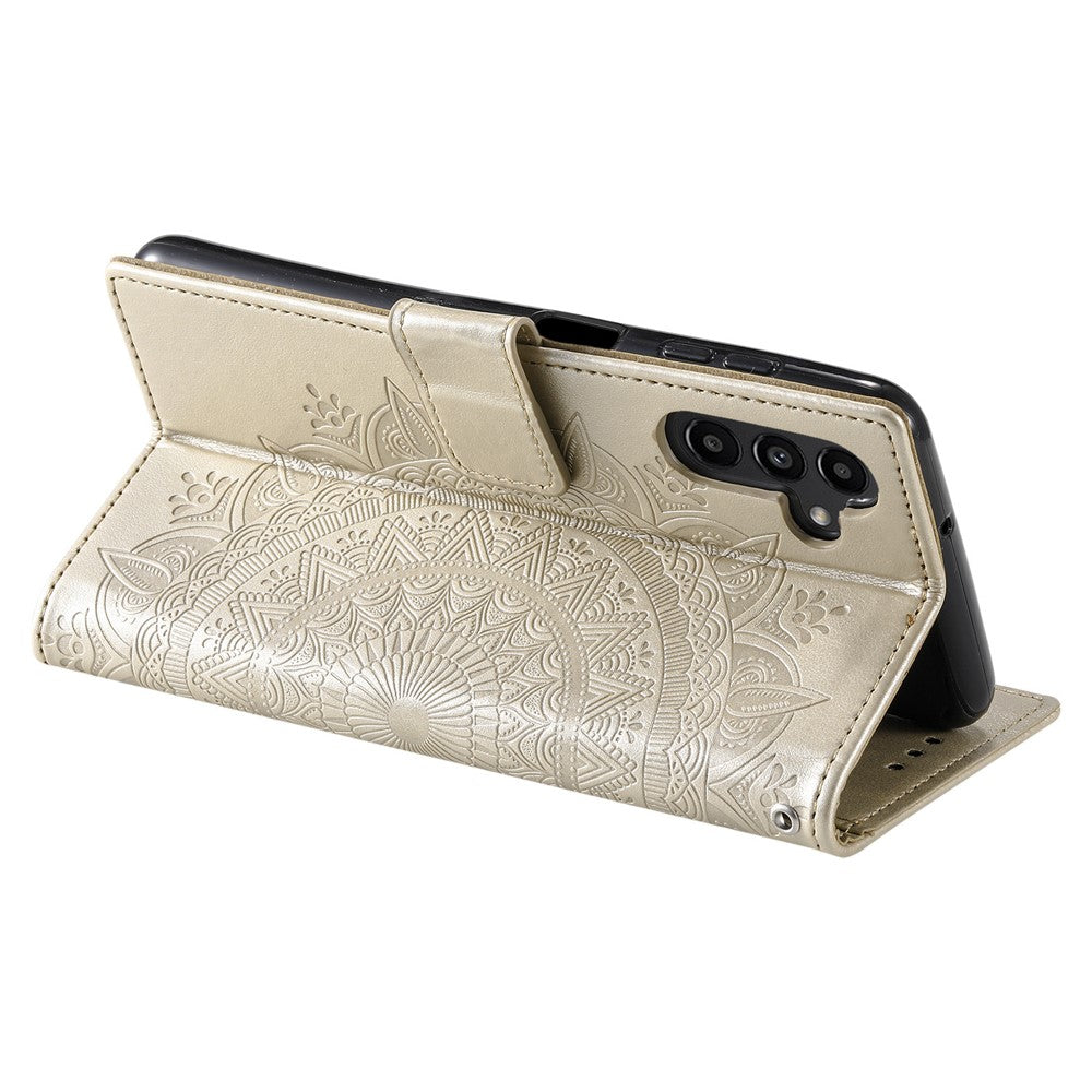 For Samsung Galaxy A57 5G Stand Case Imprinted Totem PU Leather Wallet Phone Cover with Wrist Strap - Gold