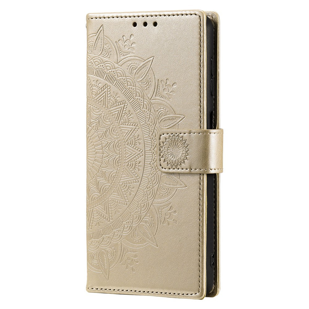 For Samsung Galaxy A57 5G Stand Case Imprinted Totem PU Leather Wallet Phone Cover with Wrist Strap - Gold