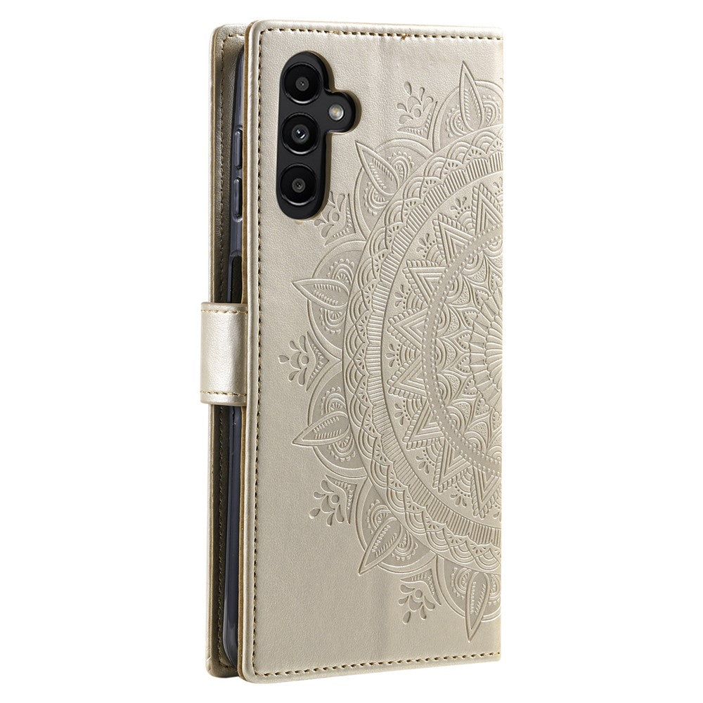 For Samsung Galaxy A57 5G Stand Case Imprinted Totem PU Leather Wallet Phone Cover with Wrist Strap - Gold