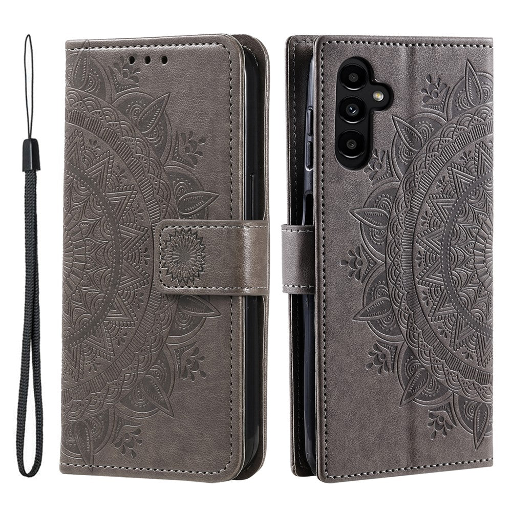For Samsung Galaxy A57 5G Stand Case Imprinted Totem PU Leather Wallet Phone Cover with Wrist Strap - Grey
