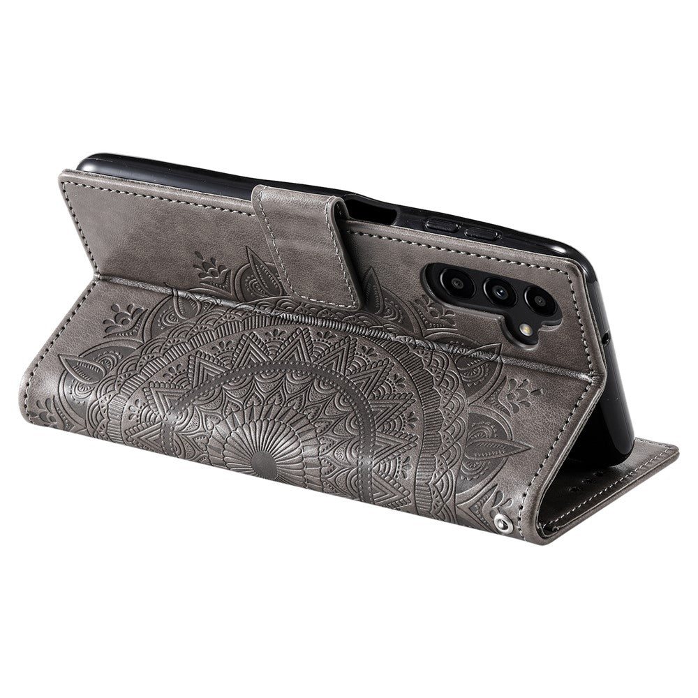 For Samsung Galaxy A57 5G Stand Case Imprinted Totem PU Leather Wallet Phone Cover with Wrist Strap - Grey
